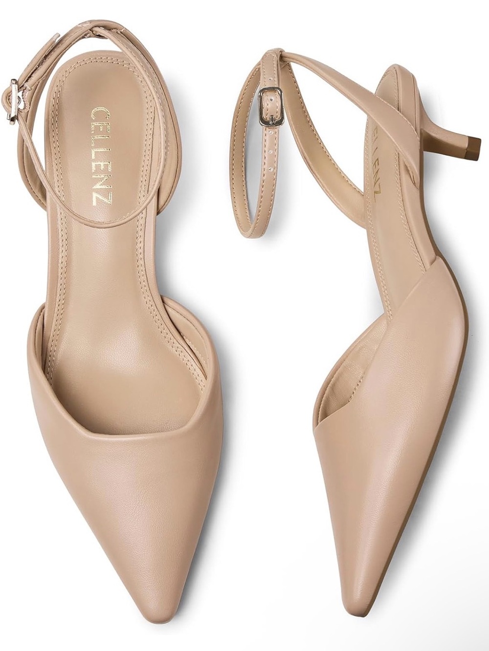 Beige Pointed Toe Ankle-Strap Kitten Heels